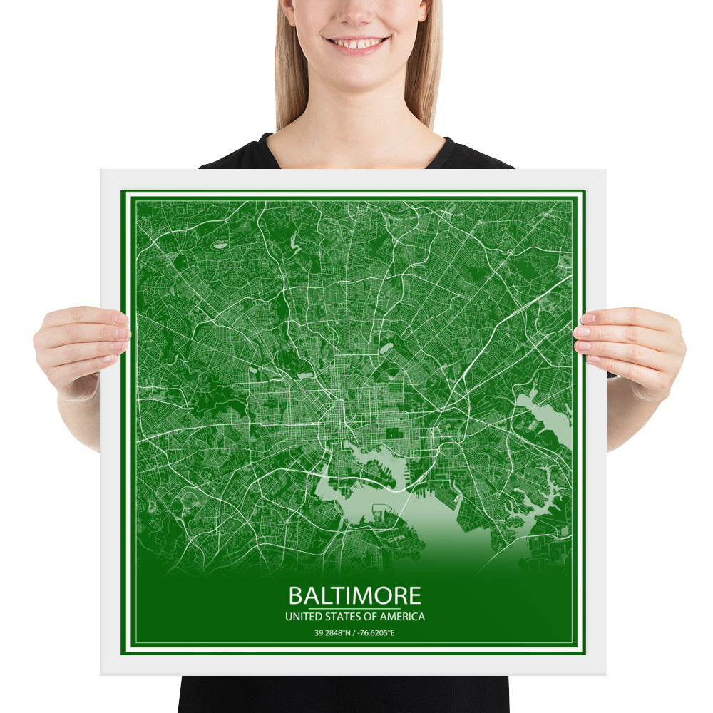 Baltimore Green and White Framed Map