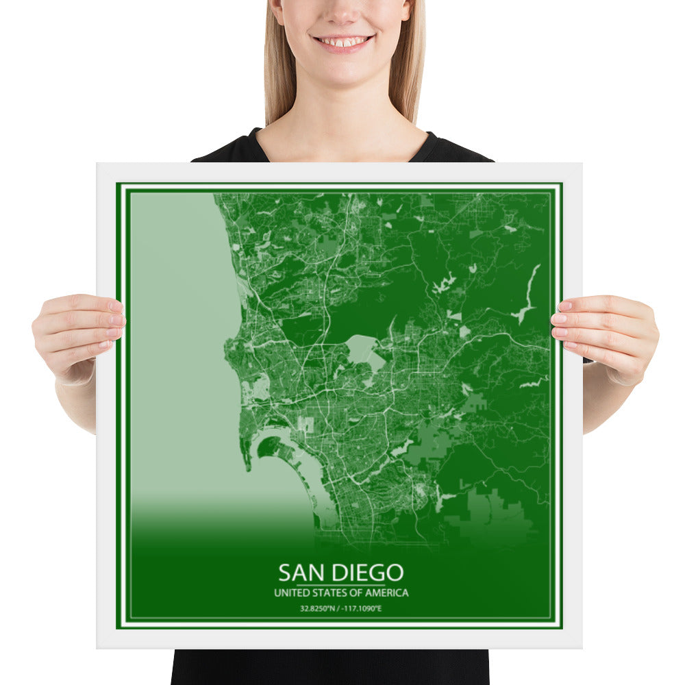 San Diego Green and White Framed Map