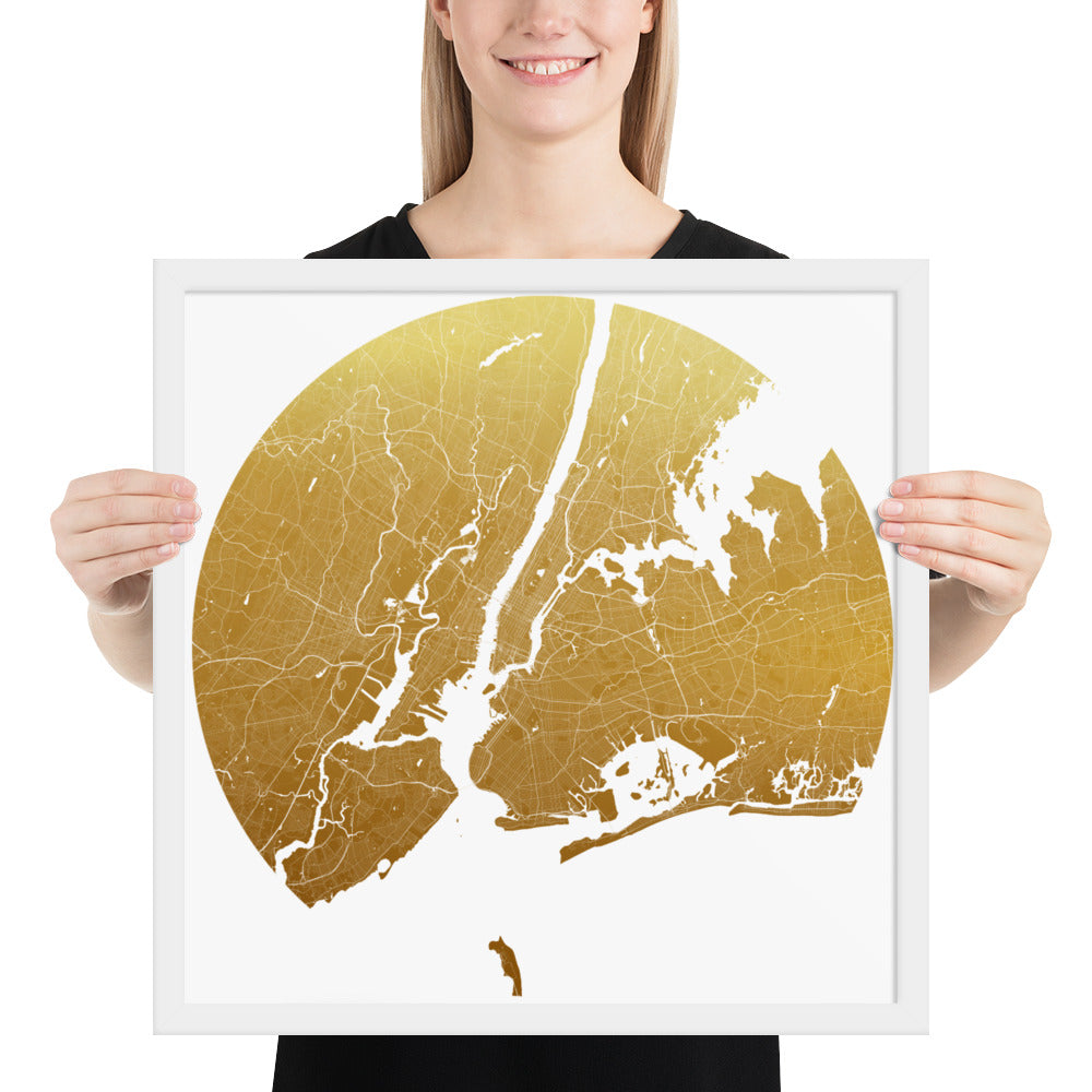 New York Gold on White Framed Map