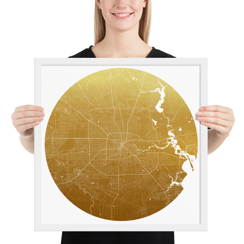 Houston Gold on White Framed Map