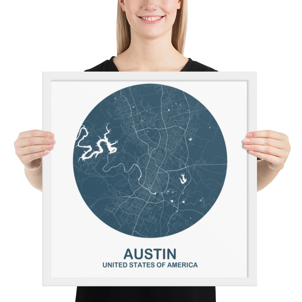 Austin Circular Blue Framed Map