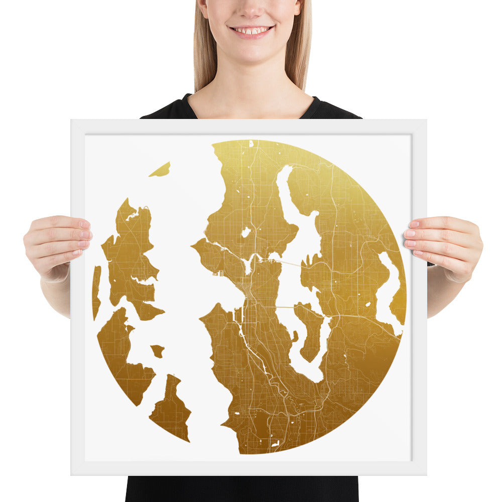 Seattle Gold on White Framed Map