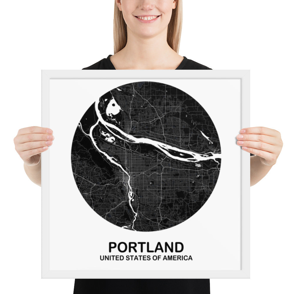 Portland Circular Black Framed Map