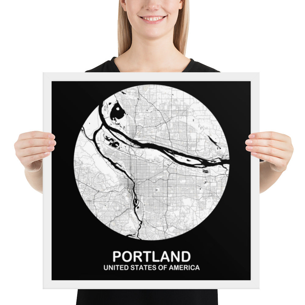 Portland Circular White Framed Map