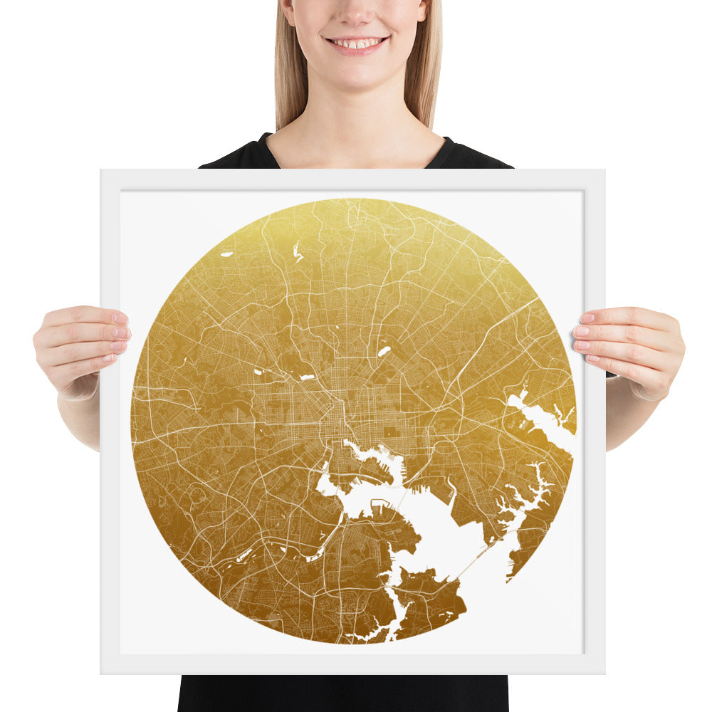 Baltimore Gold on White Framed Map