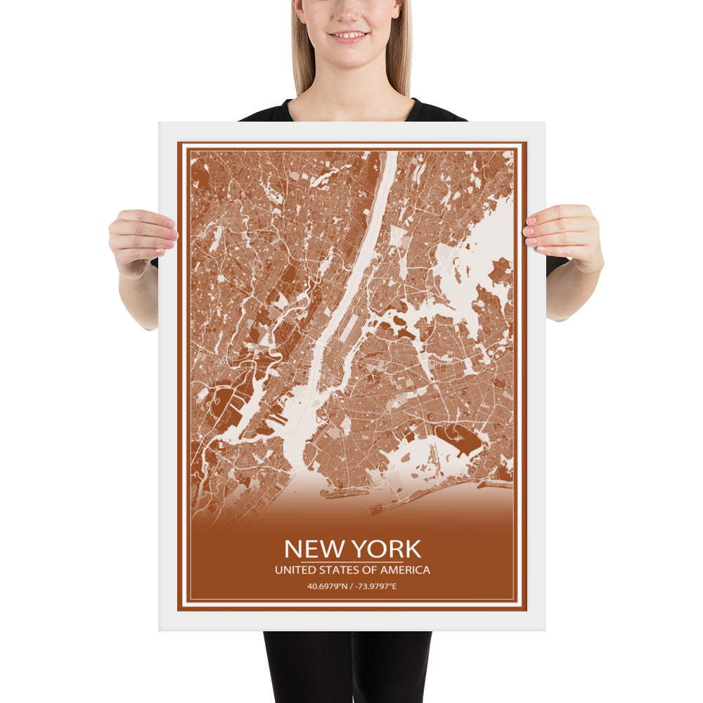 New York Brown and White Framed Map