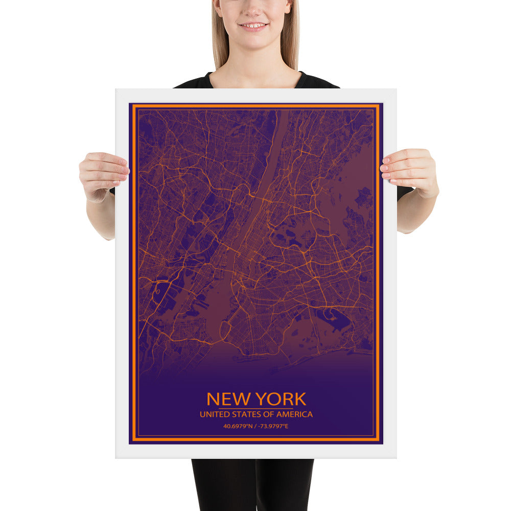 New York Purple and Orange Framed Map