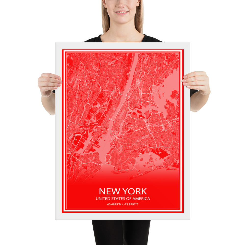 New York Red and White Framed Map