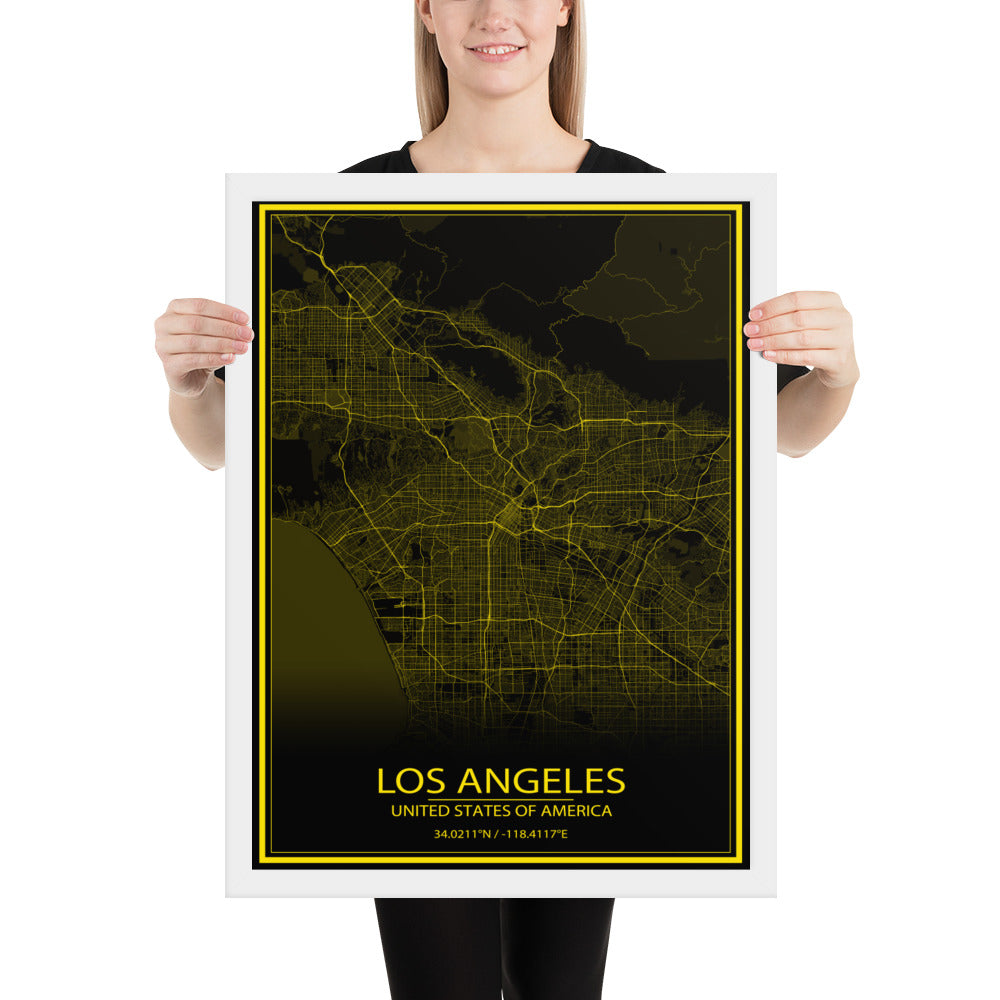 Los Angeles Black and Yellow Framed Map