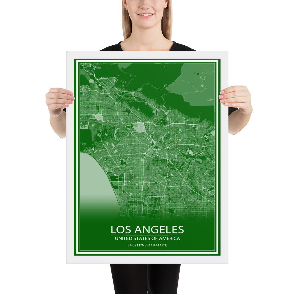 Los Angeles Green and White Framed Map