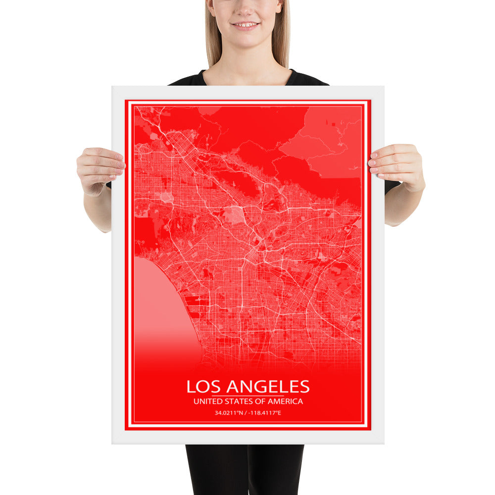 Los Angeles Red and White Framed Map