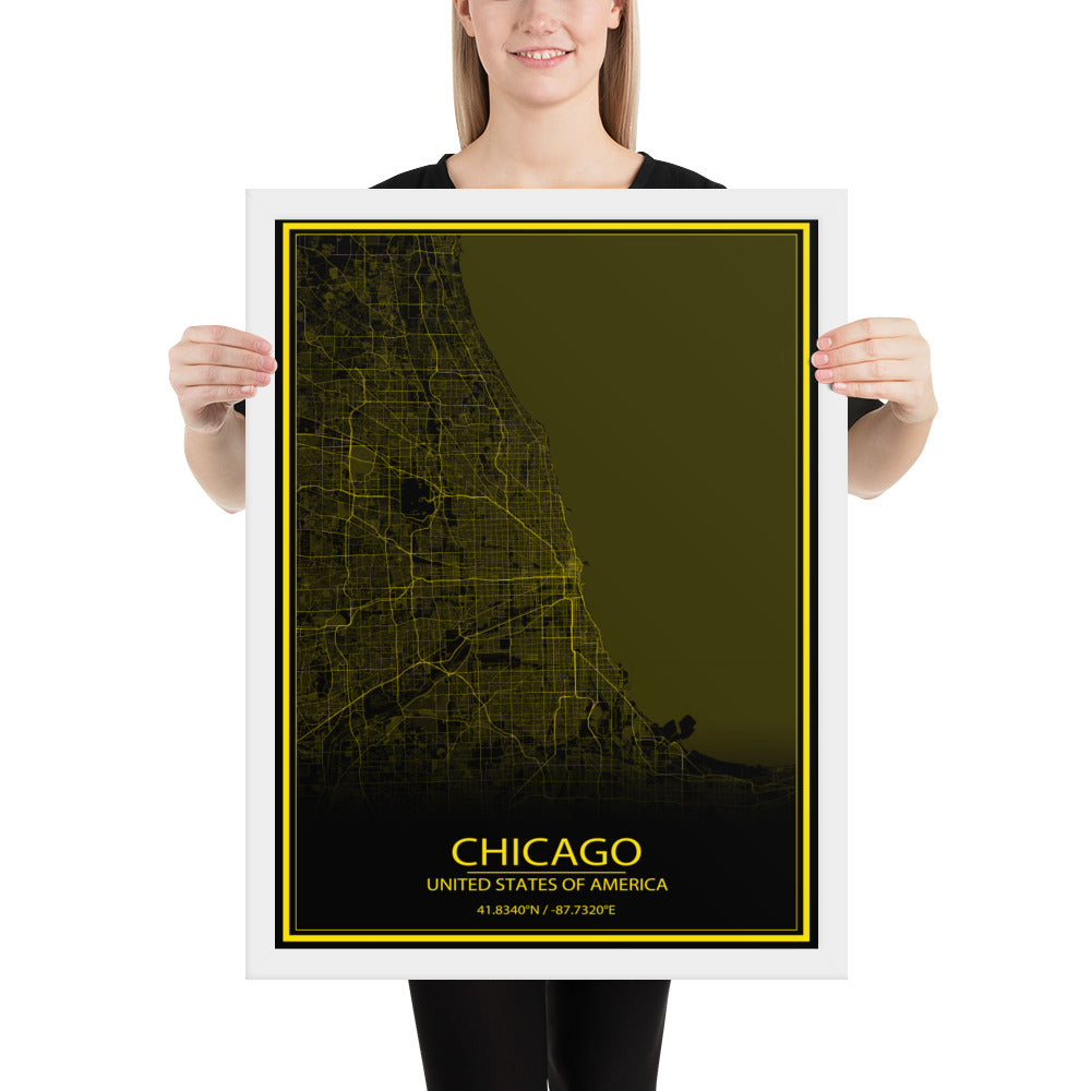 Chicago Black and Yellow Framed Map