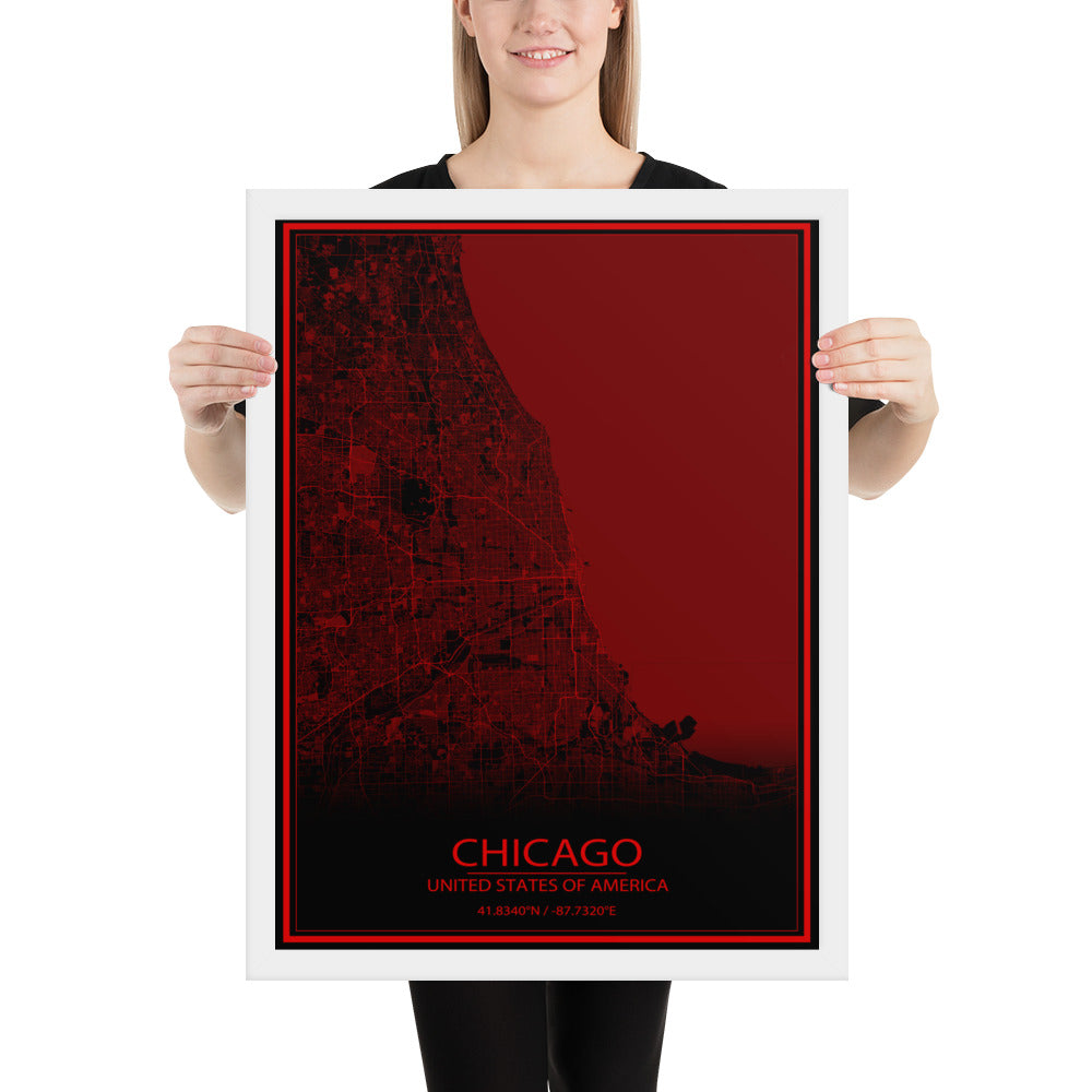 Chicago Black and Red Framed Map