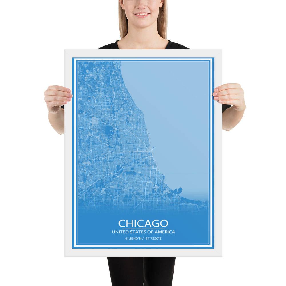 Chicago Blue and White Framed Map