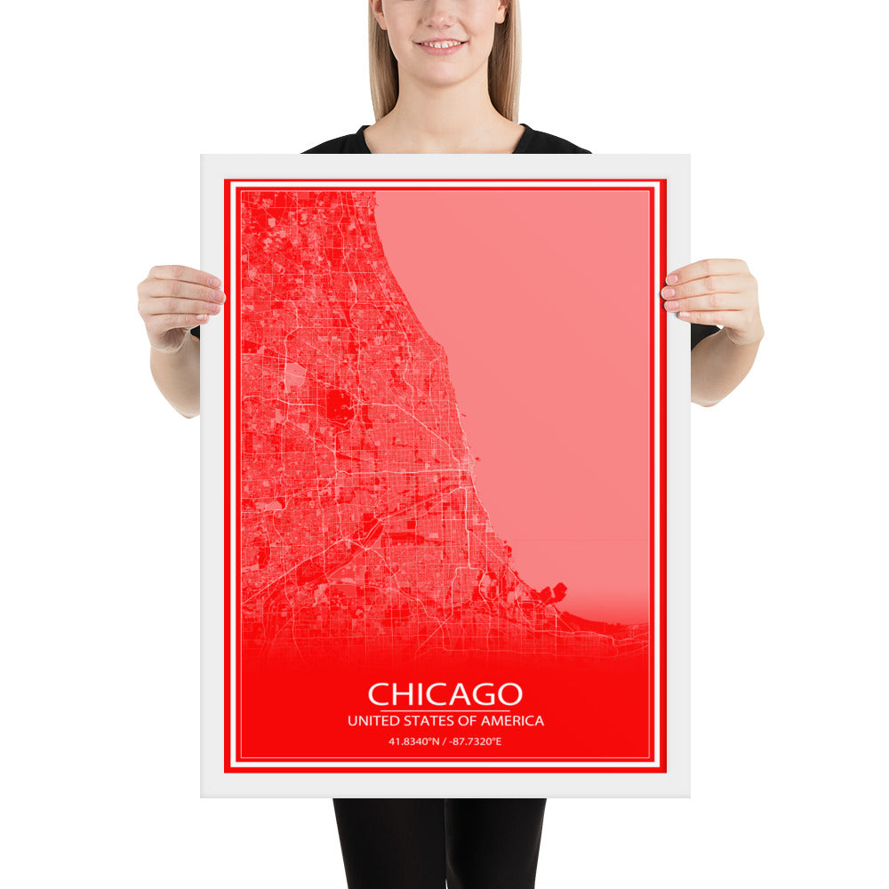 Chicago Red and White Framed Map