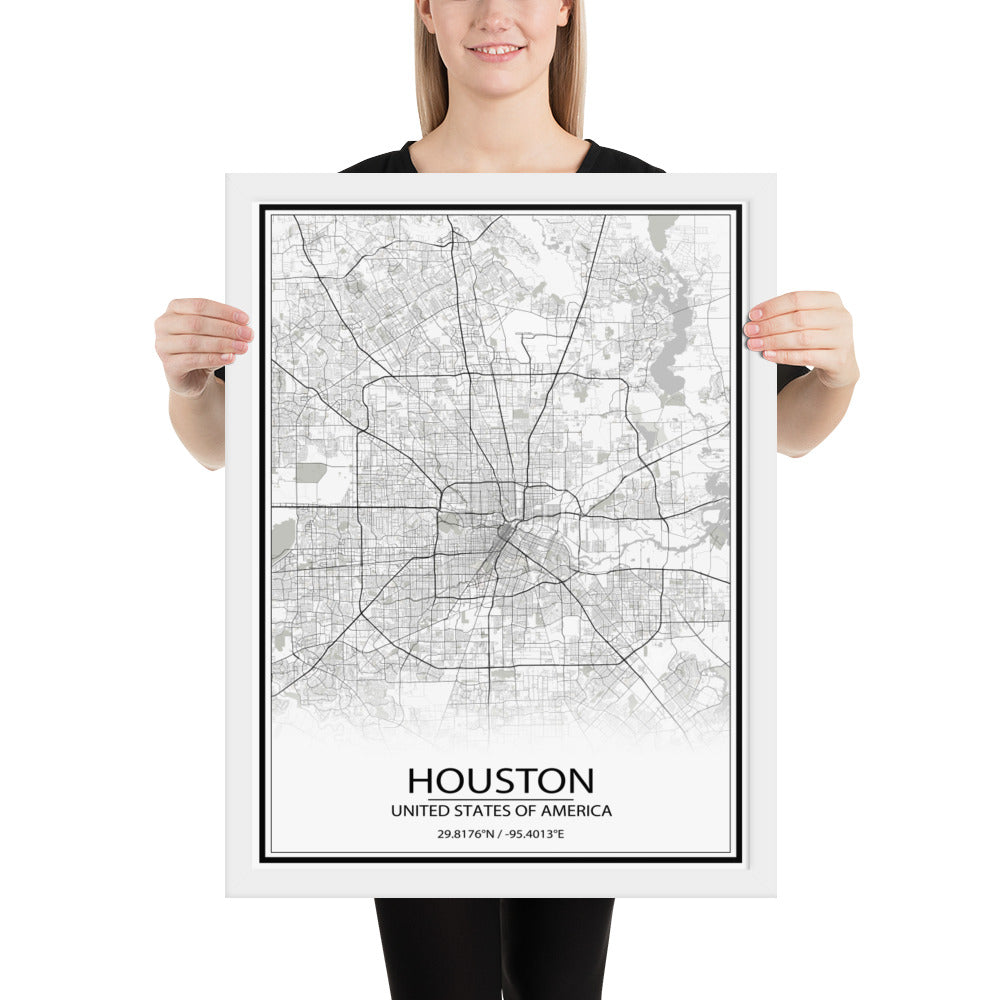 Houston White Framed Map