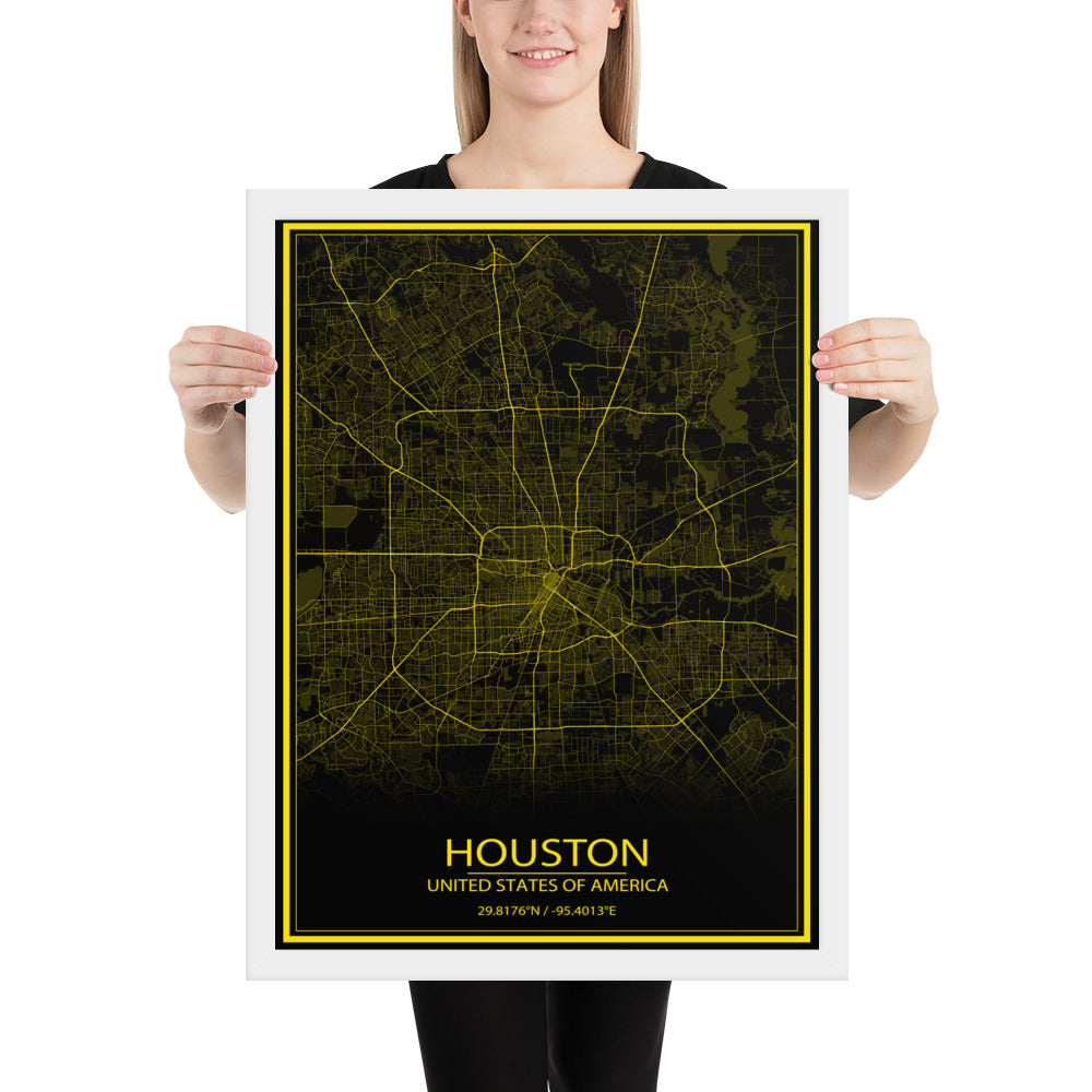 Houston Black and Yellow Framed Map