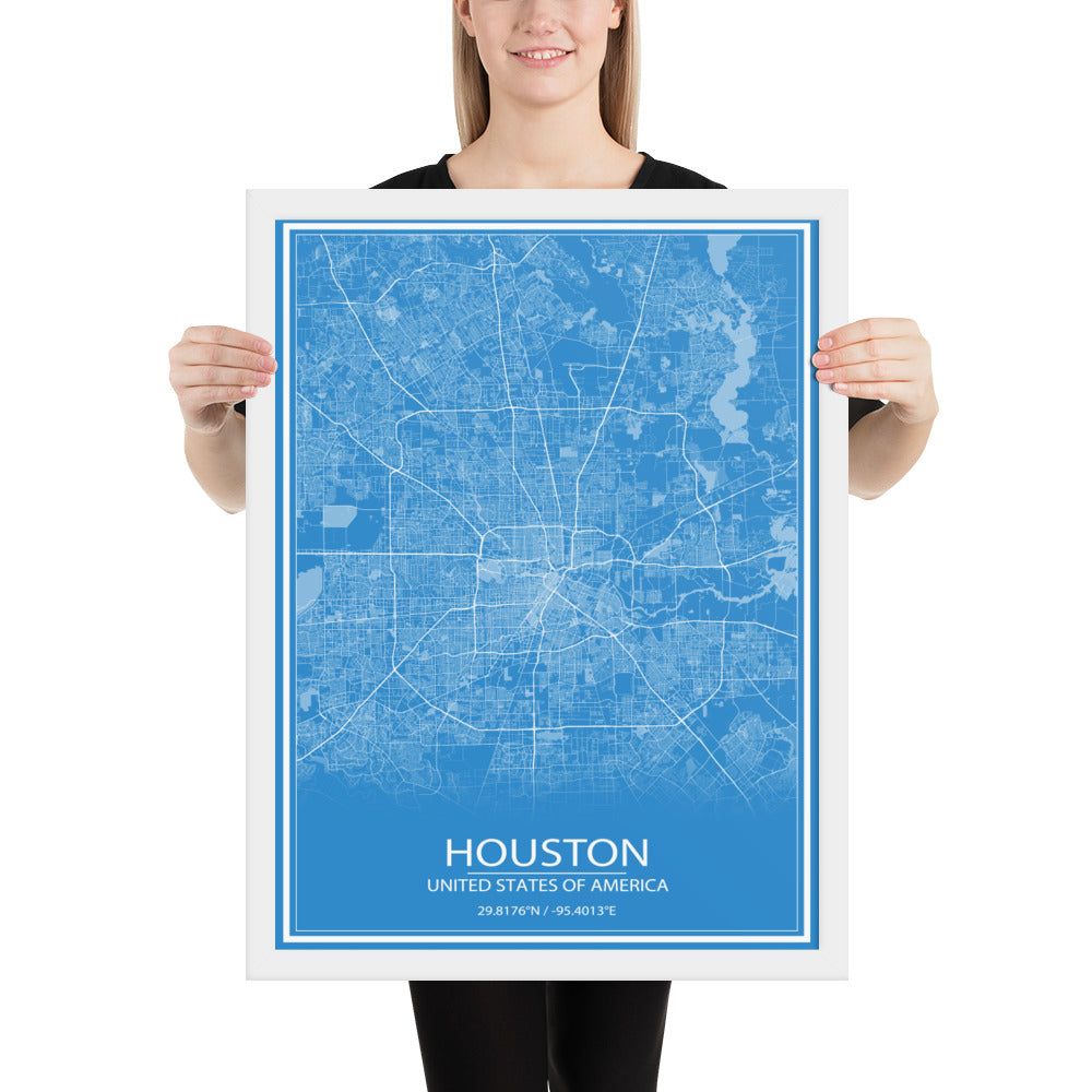 Houston Blue and White Framed Map