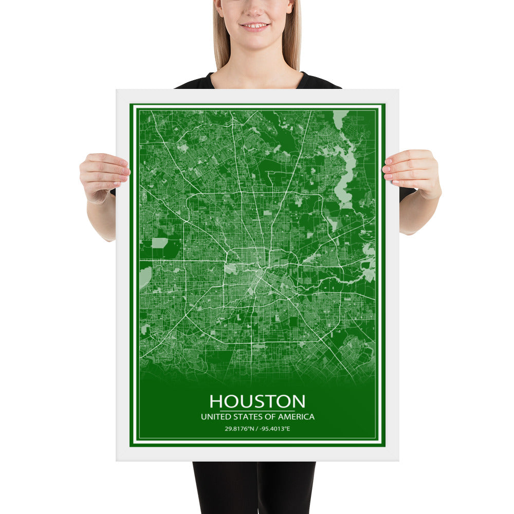 Houston Green and White Framed Map