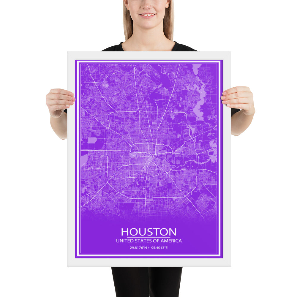 Houston Purple and White Framed Map