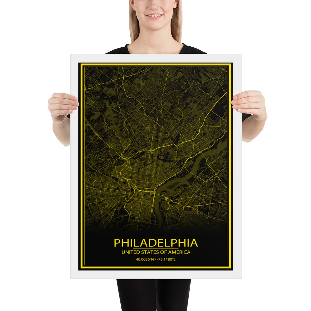 Philadelphia Black and Yellow Framed Map