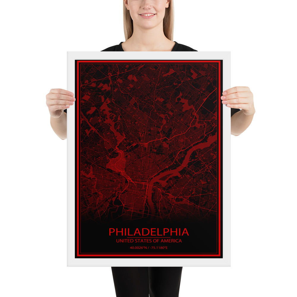 Philadelphia Black and Red Framed Map