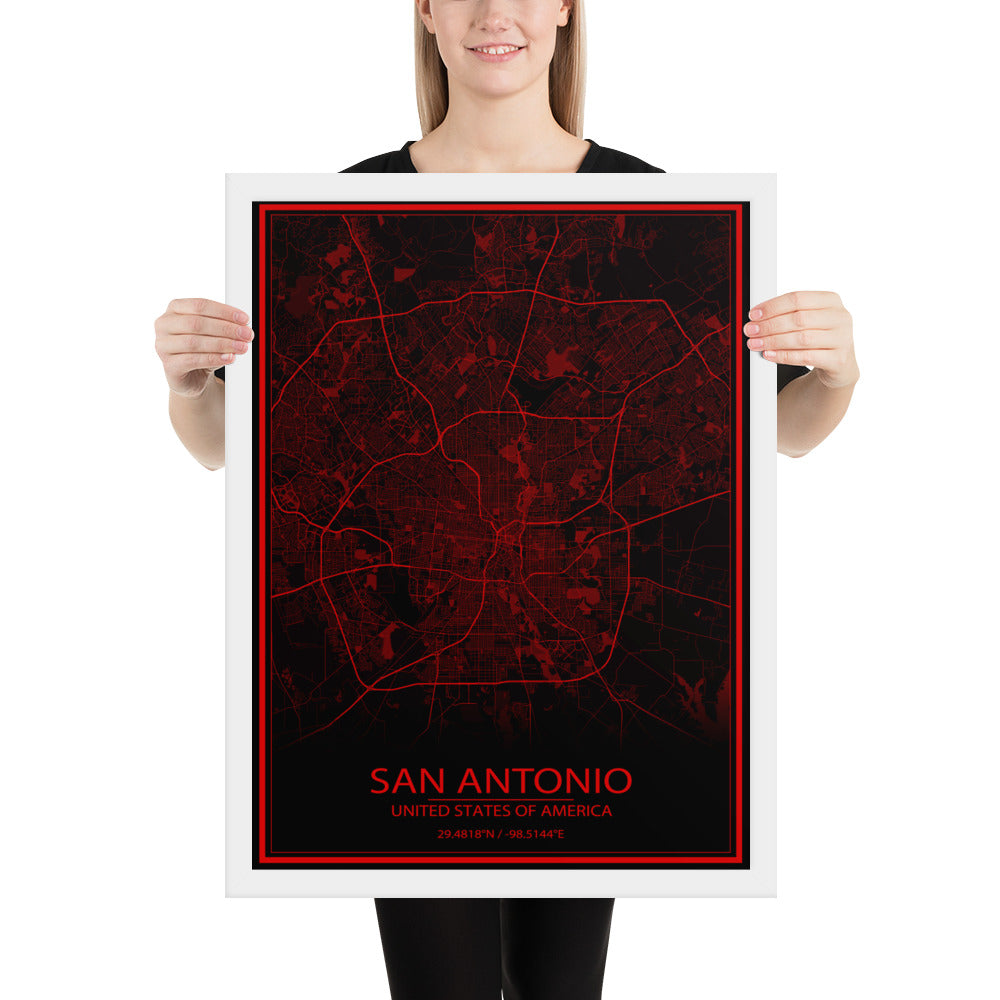 San Antonio Black and Red Framed Map