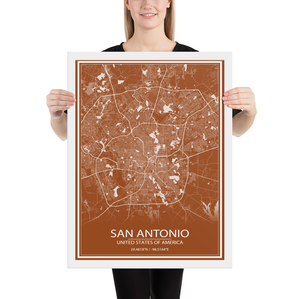 San Antonio Brown and White Framed Map