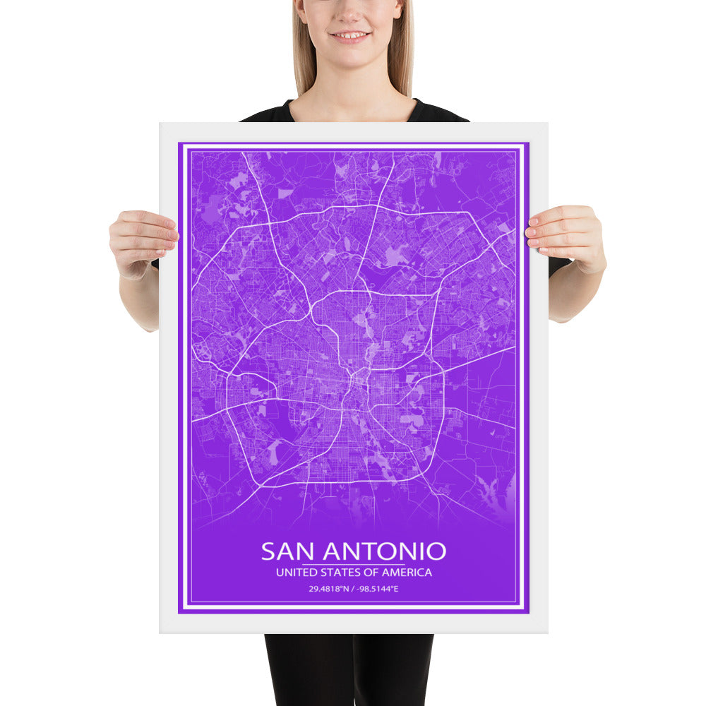 San Antonio Purple and White Framed Map