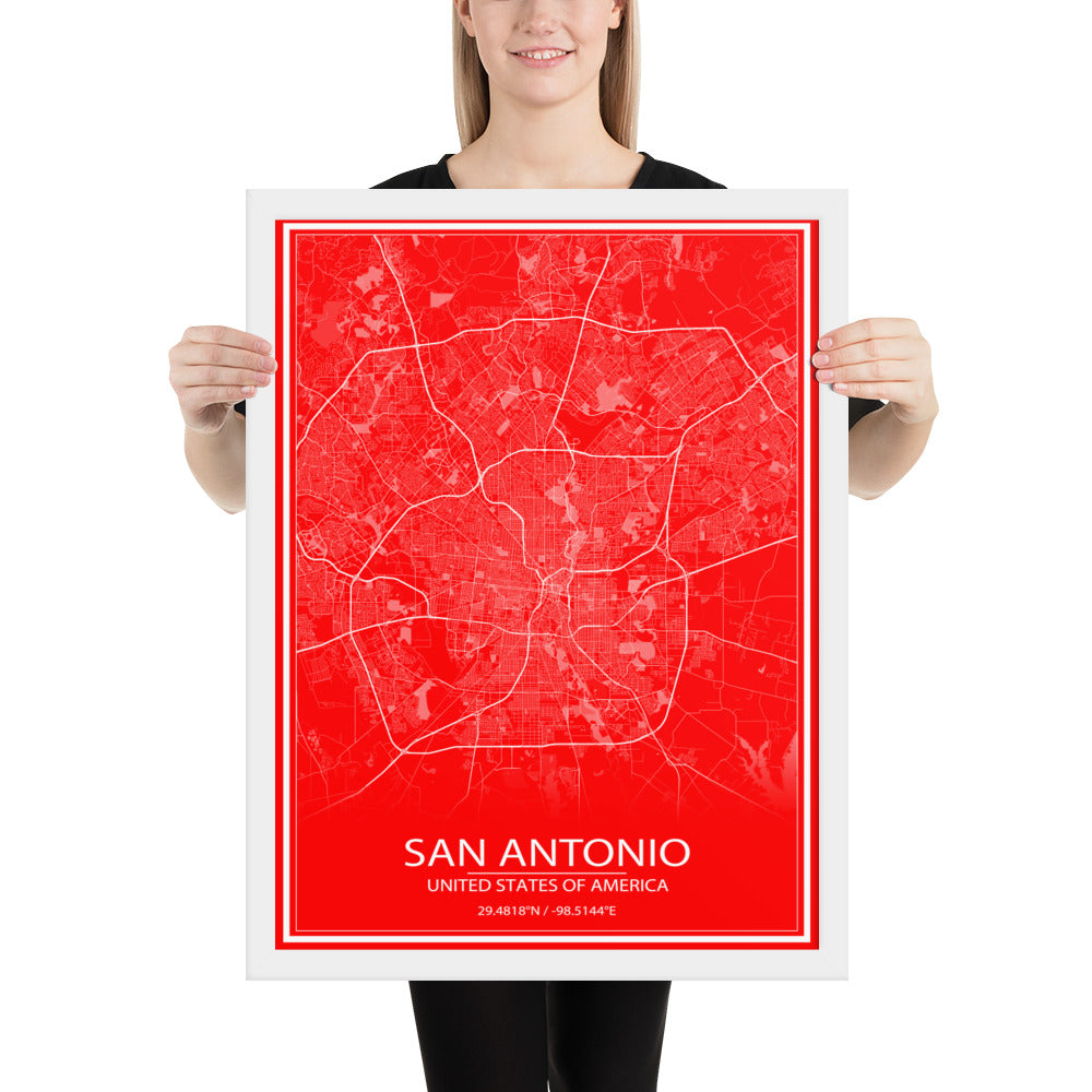 San Antonio Red and White Framed Map