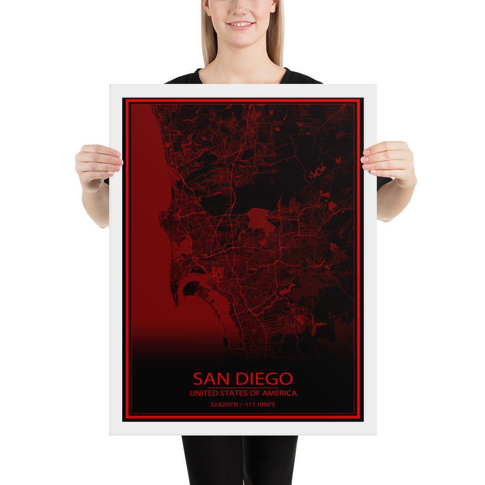 San Diego Black and Red Framed Map