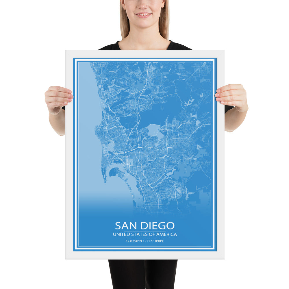 San Diego Blue and White Framed Map