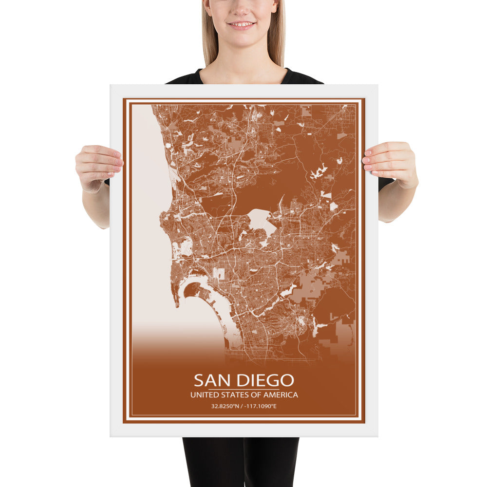 San Diego Brown and White Framed Map