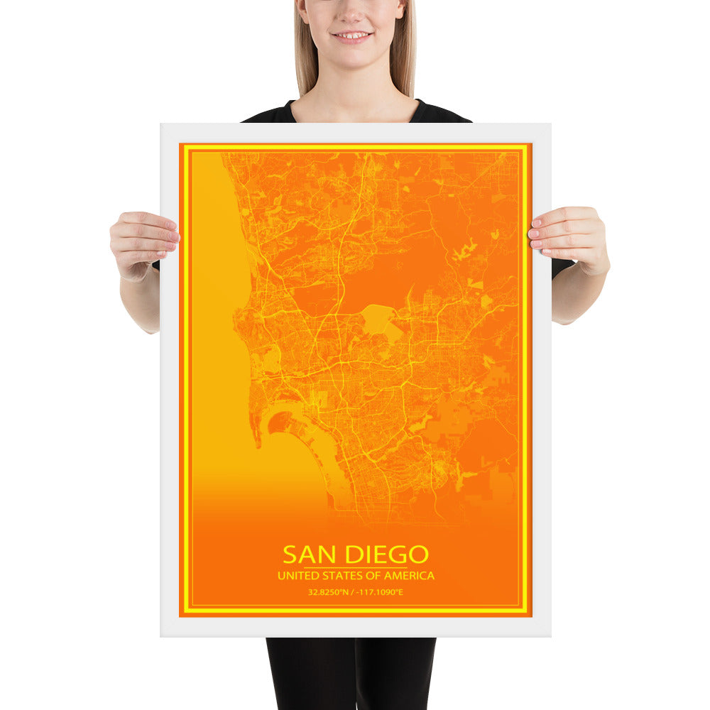 San Diego Orange and Yellow Framed Map