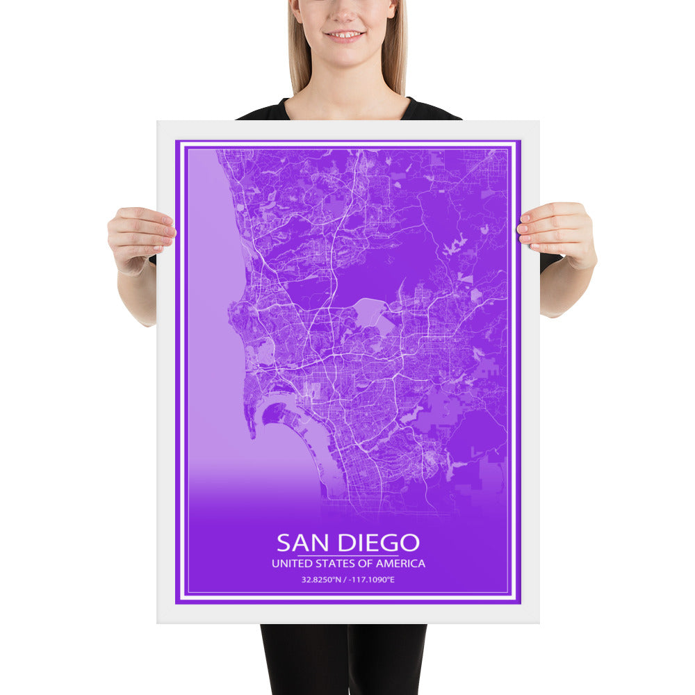 San Diego Purple and White Framed Map