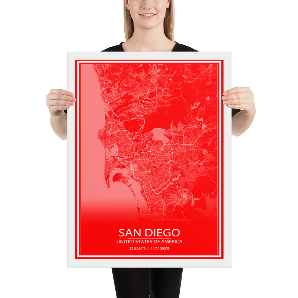 San Diego Red and White Framed Map