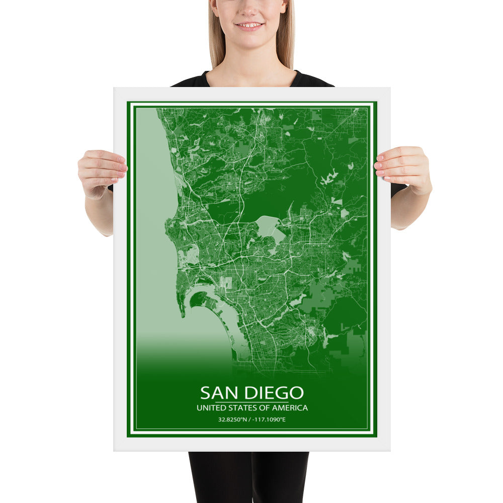 San Diego Green and White Framed Map