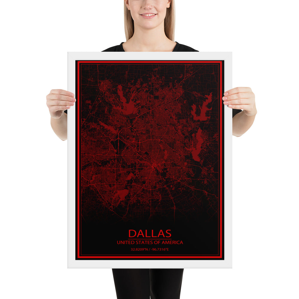 Dallas Black and Red Framed Map