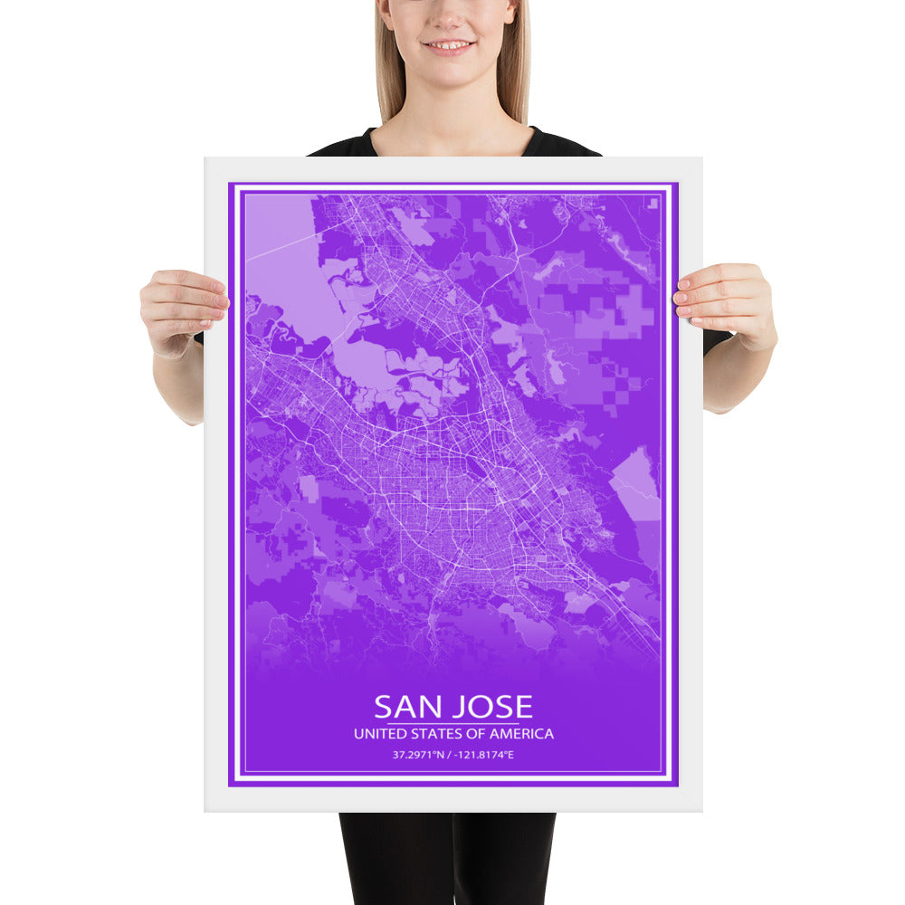 San Jose Purple and White Framed Map