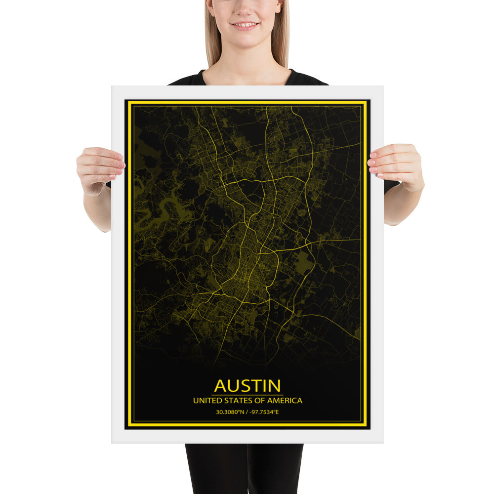 Austin Black and Yellow Framed Map