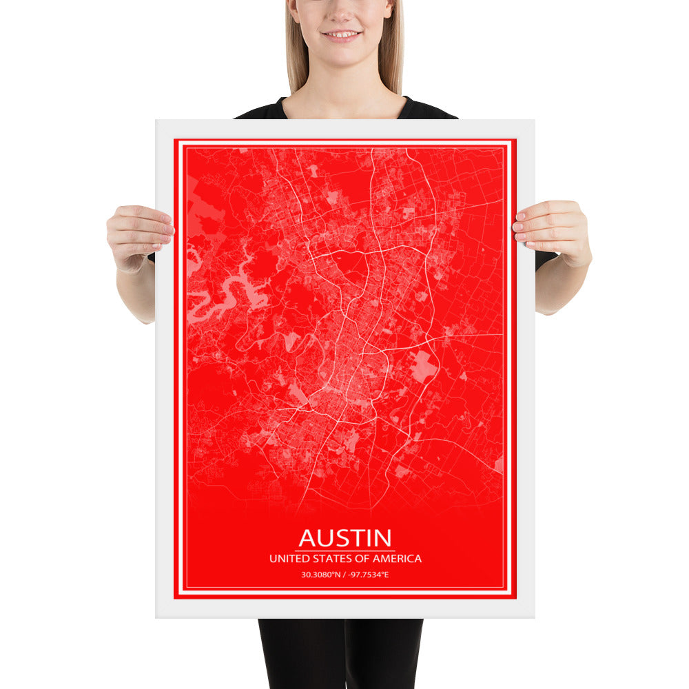 Austin Red and White Framed Map