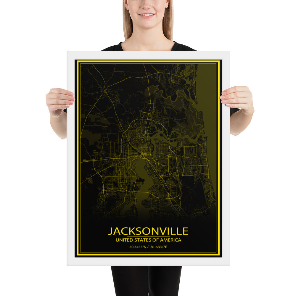 Jacksonville Black and Yellow Framed Map