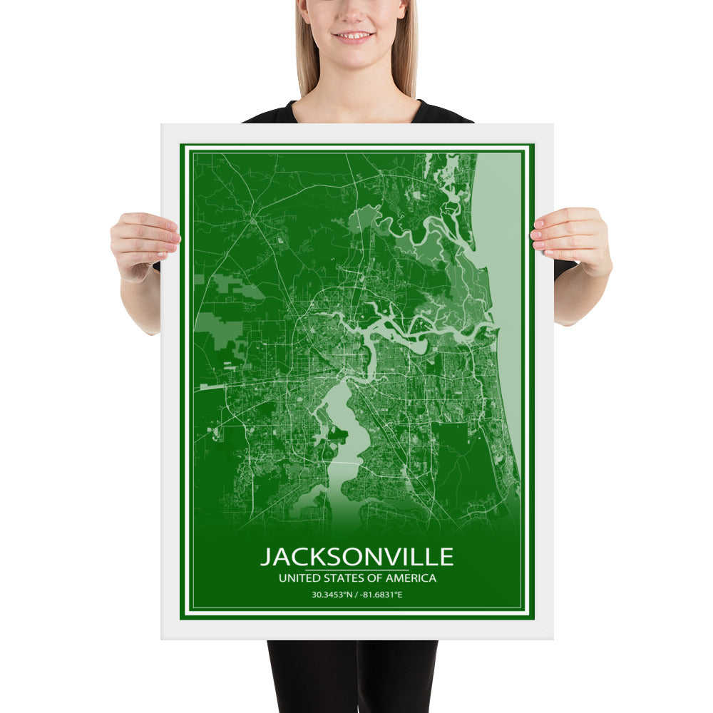 Jacksonville Green and White Framed Map