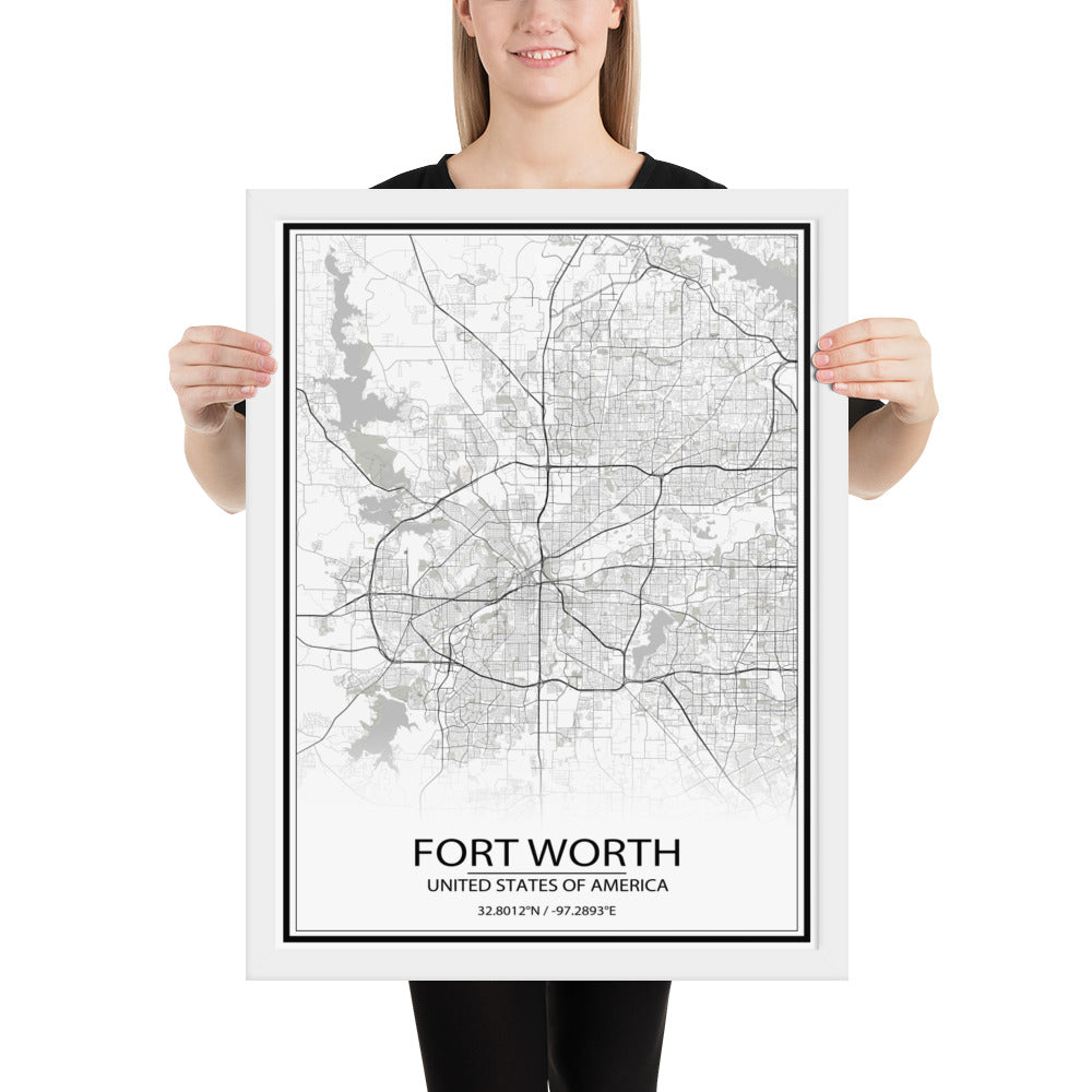 Fort Worth White Framed Map