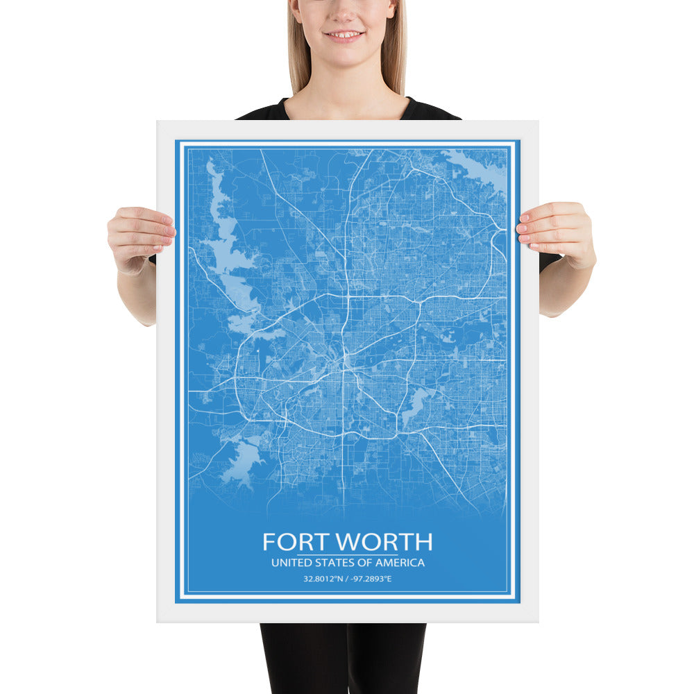 Fort Worth Blue and White Framed Map