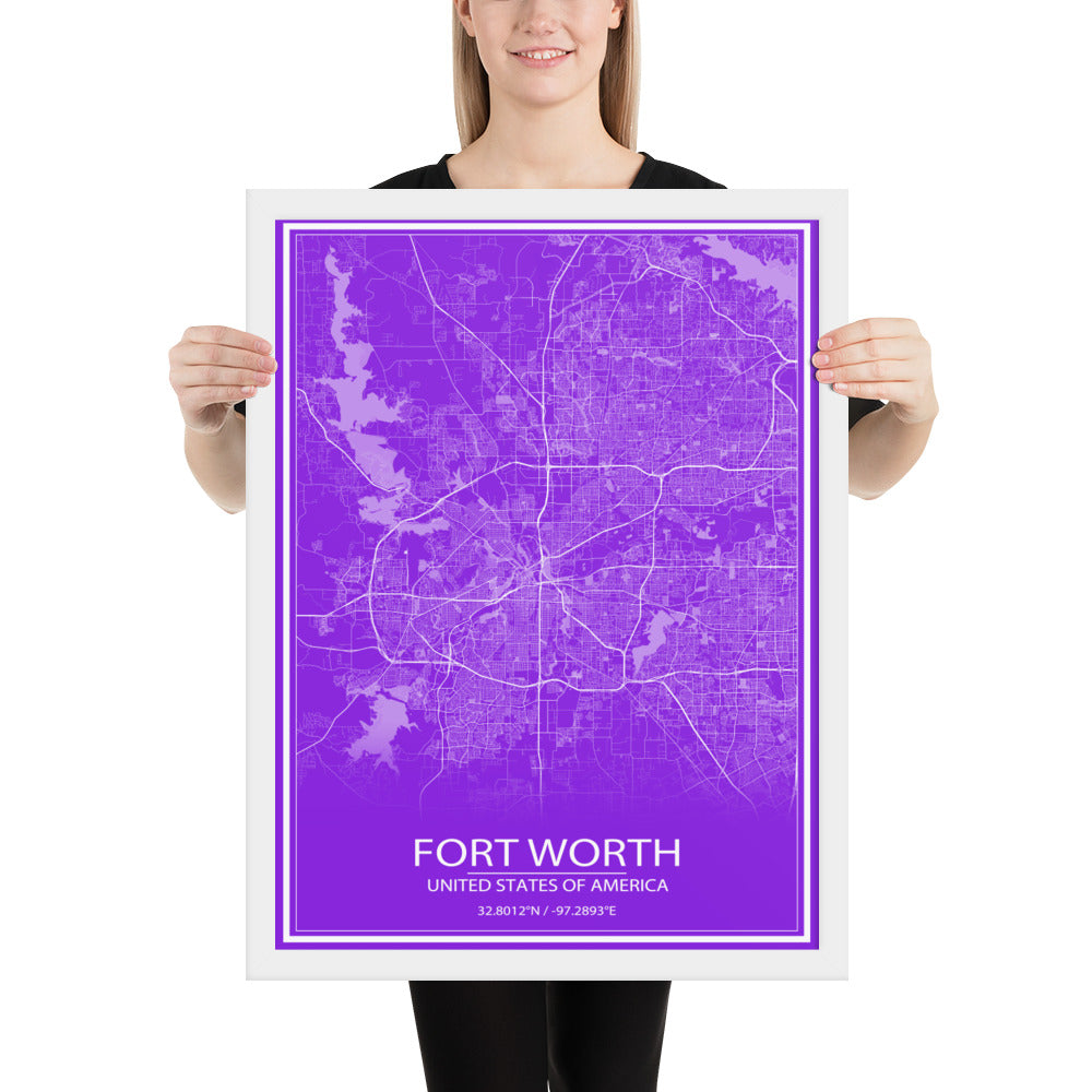 Fort Worth Purple and White Framed Map