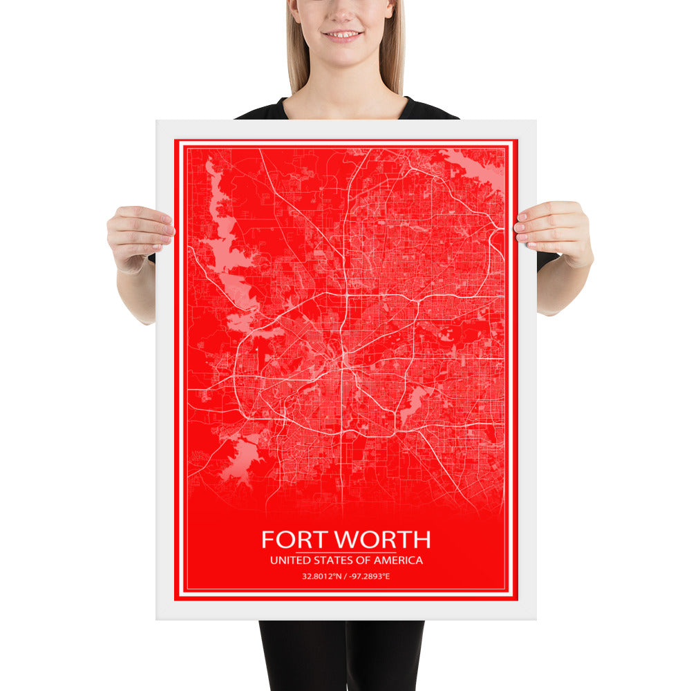 Fort Worth Red and White Framed Map