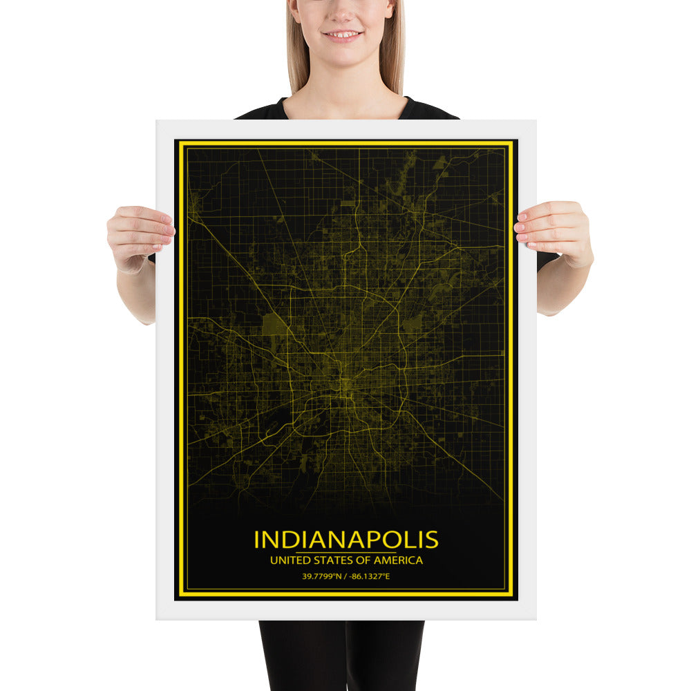 Indianapolis Black and Yellow Framed Map