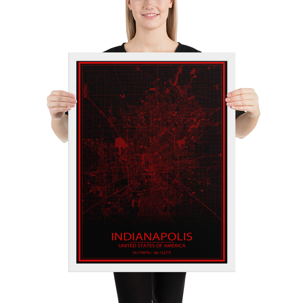 Indianapolis Black and Red Framed Map