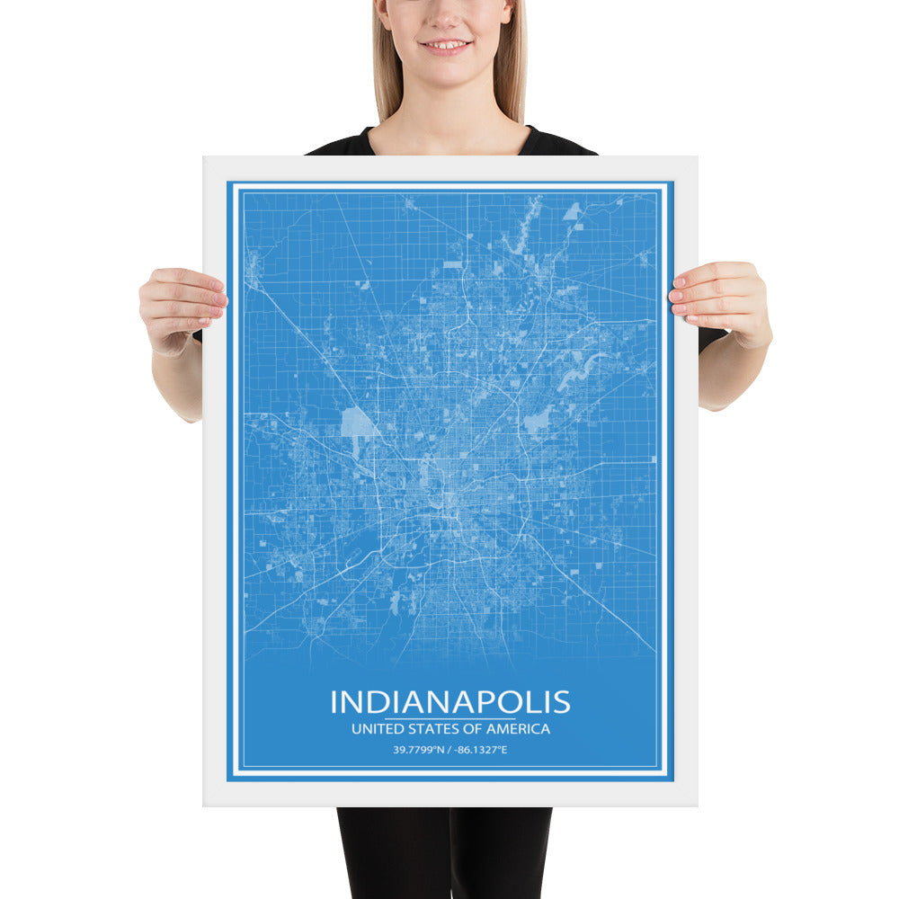 Indianapolis Blue and White Framed Map